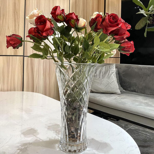 29.5cm tall clear glass vase with intricate diamond-cut pattern, suitable for flowers or decorative display.