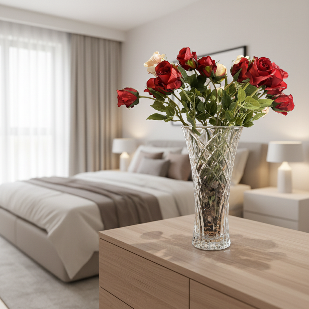 29.5cm Clear Glass Vase with Intricate Diamond-Cut Pattern