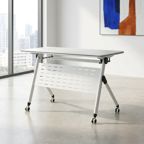 Foldable mobile training office table with flip top and lockable wheels for seminars and conference room use