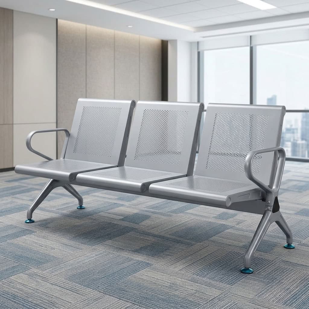 3-Seater Linked  Waiting Bay Bench – Perforated Metal with Chrome Frame