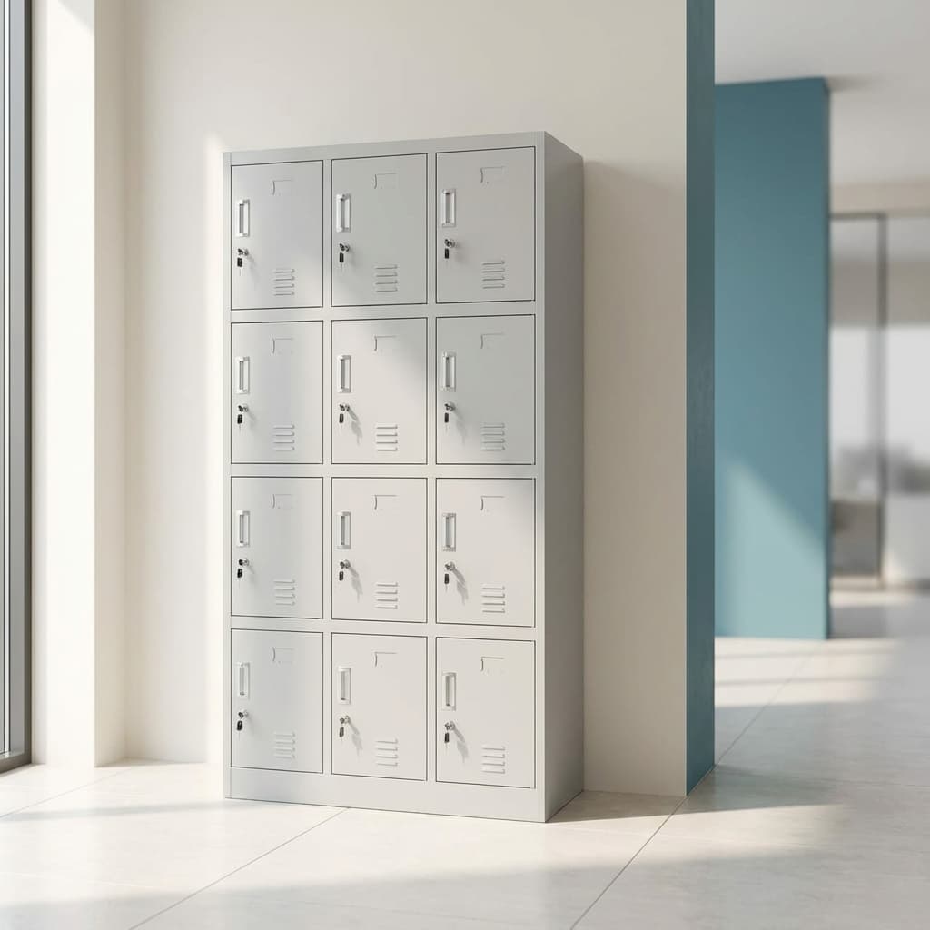 12-door steel locker cabinet with individual locks, ventilation slots, and name card holders - Gemelli Collection
