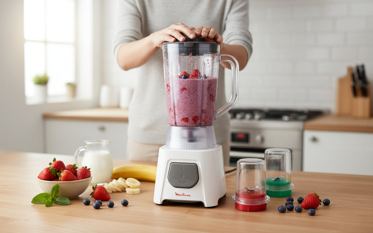 Moulinex 450W blender with 1.5L jar, grinder, and chopper attachments.