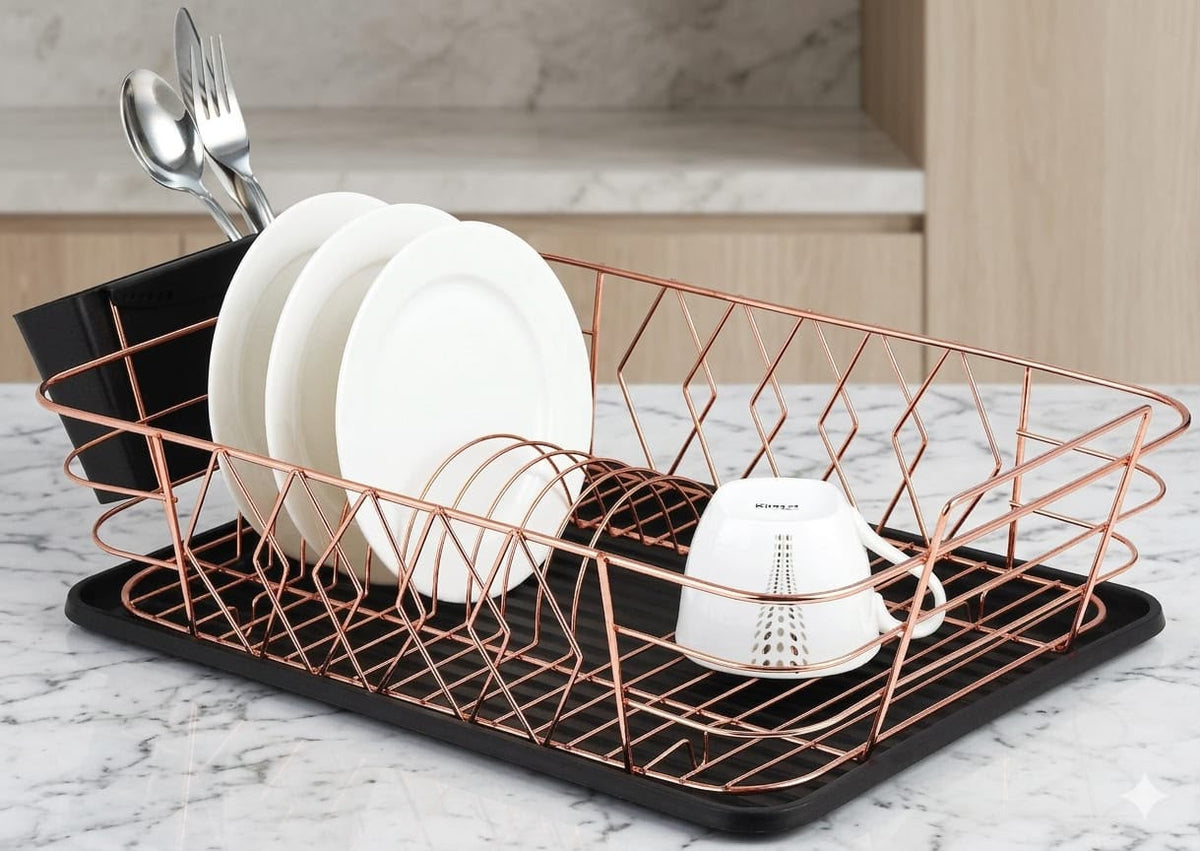 Minimalist Single-Layer Dish Rack – Rose Gold and Black