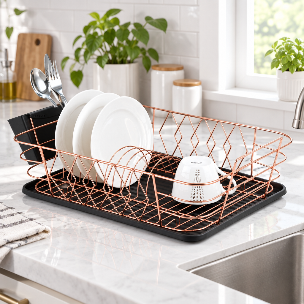 Gemelli Collections minimalist single-layer dish rack in rose gold and black for organising plates, cups, bowls, and everyday kitchen dishes.