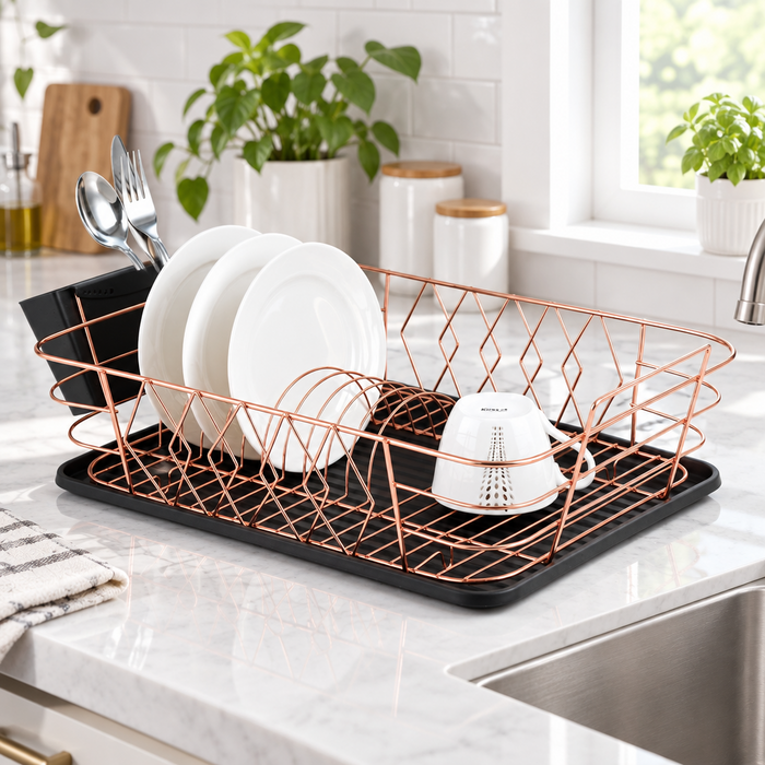 Gemelli Collections minimalist single-layer dish rack in rose gold and black for organising plates, cups, bowls, and everyday kitchen dishes.