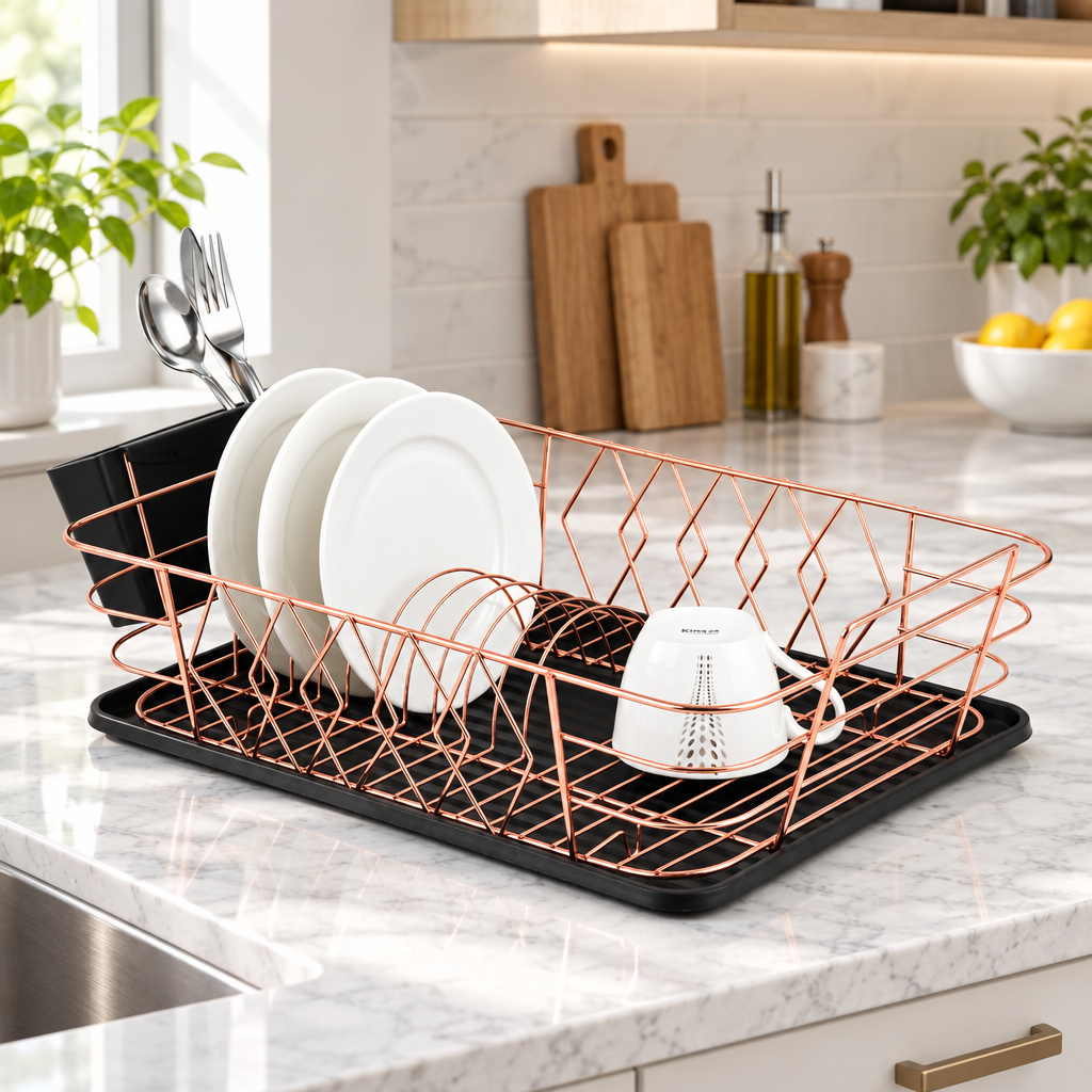 Minimalist Single-Layer Dish Rack – Rose Gold and Black