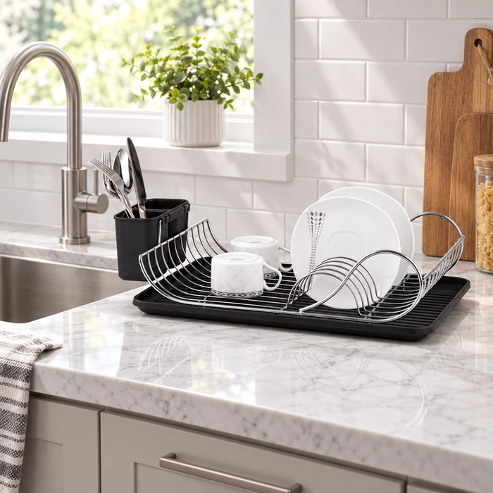 Gemelli Collections minimalist single-layer dish rack for organising plates, cups, bowls, and everyday kitchen dishes.