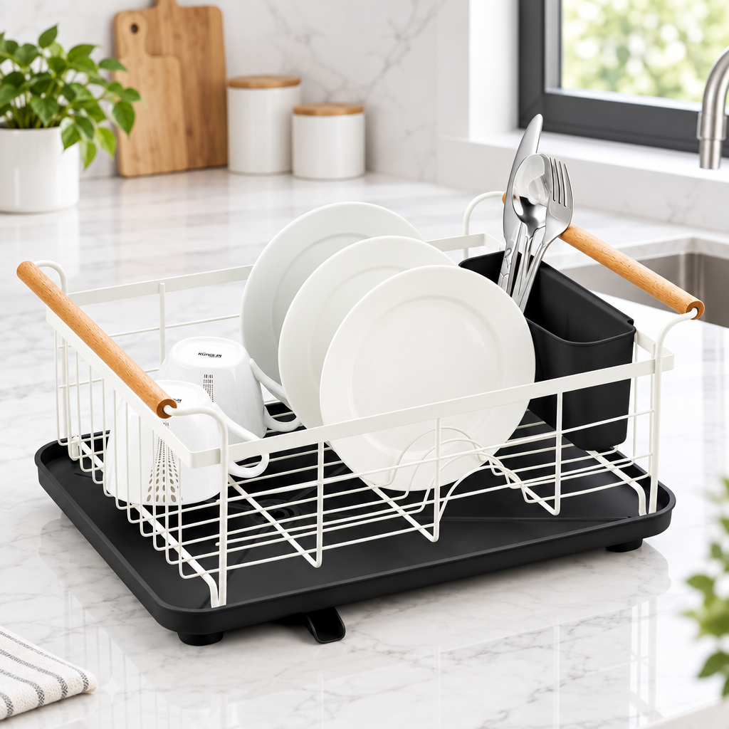 Minimalist Single-Layer Dish Rack – White and Black