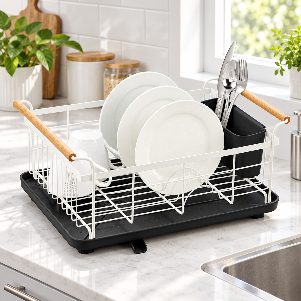 Gemelli Collections single-layer dish rack in white and black for organising plates, cups, bowls, and everyday kitchen dishes.