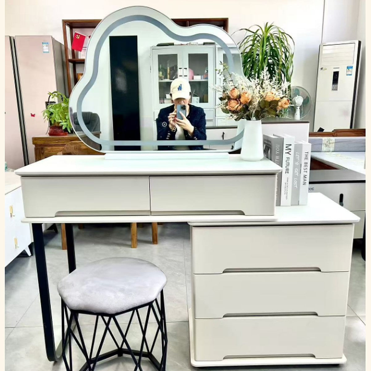 White Wooden Bedside Table with Two Drawers and Black Knobs 50x45x35cm