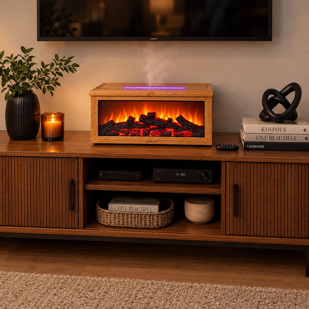 Fireplace decorative humidifier with remote control, brown wood-finished design, available in Nairobi, Kenya