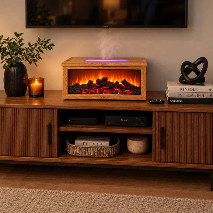 Fireplace decorative humidifier with remote control, brown wood-finished design, available in Nairobi, Kenya