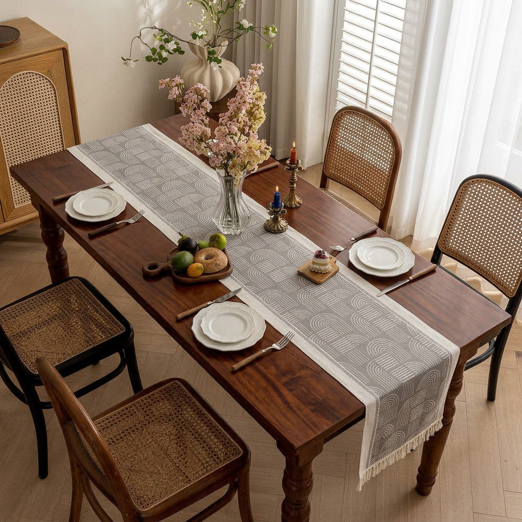 Geometric jacquard table runner with cotton and linen blend fabric and decorative tassels, measuring 35 × 240cm, available in Nairobi, Kenya.