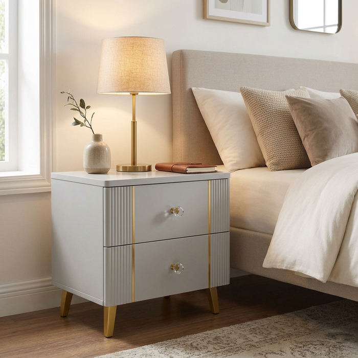 Glossy Bedside Table with Two Drawers, Clear Acrylic Pull Knobs, Gold Metal Inlay Stripes and Raised Accent Legs, available in Nairobi, Kenya
