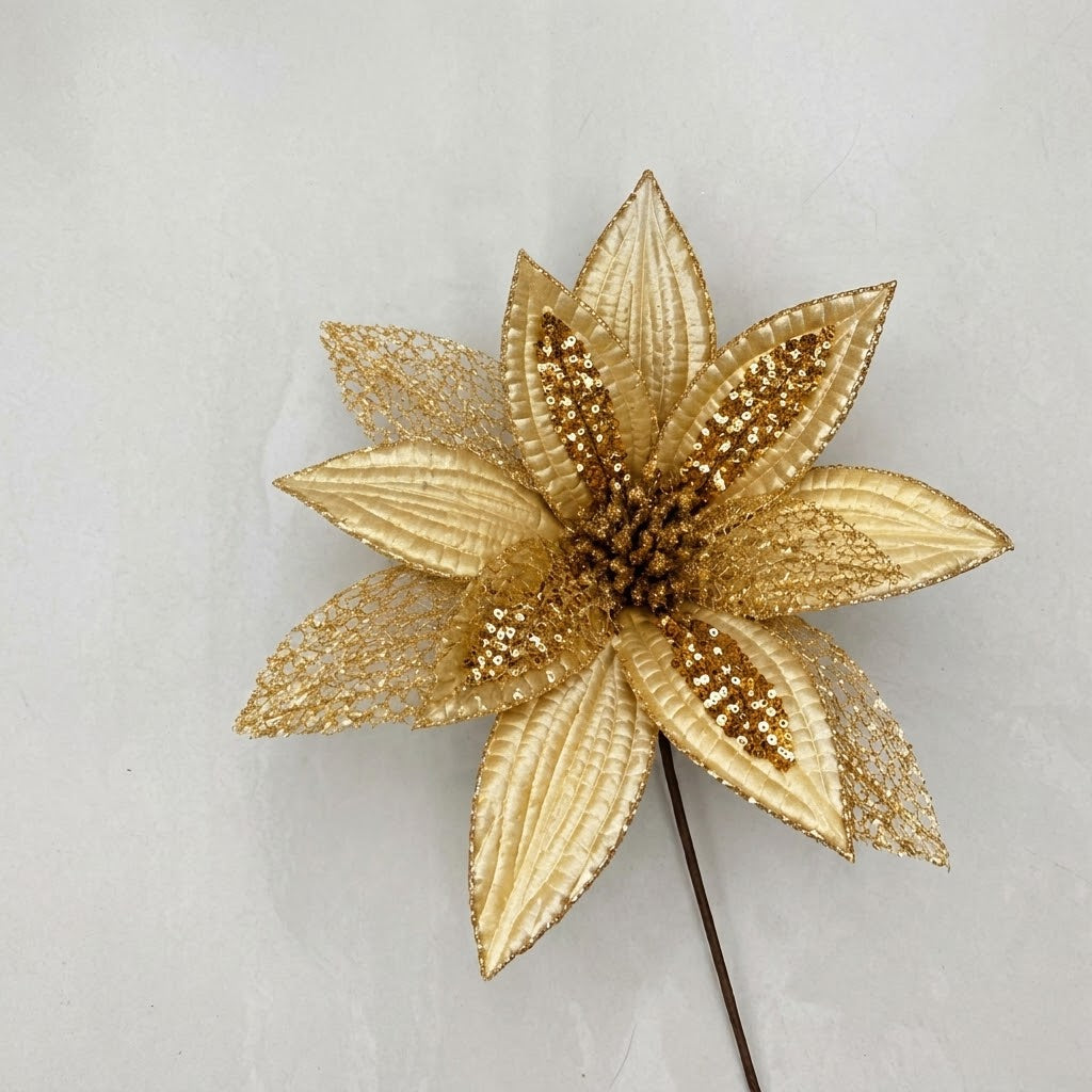 Gold glitter poinsettia Christmas flower decoration, 3-piece set, available in Nairobi, Kenya