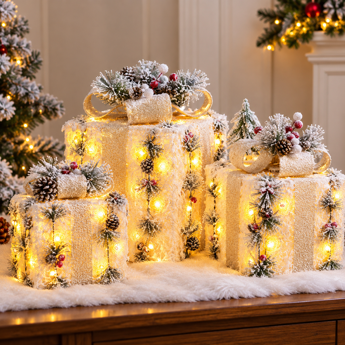 Gold LED Christmas gift box decorations with warm lights and decorative detailing available in Nairobi, Kenya