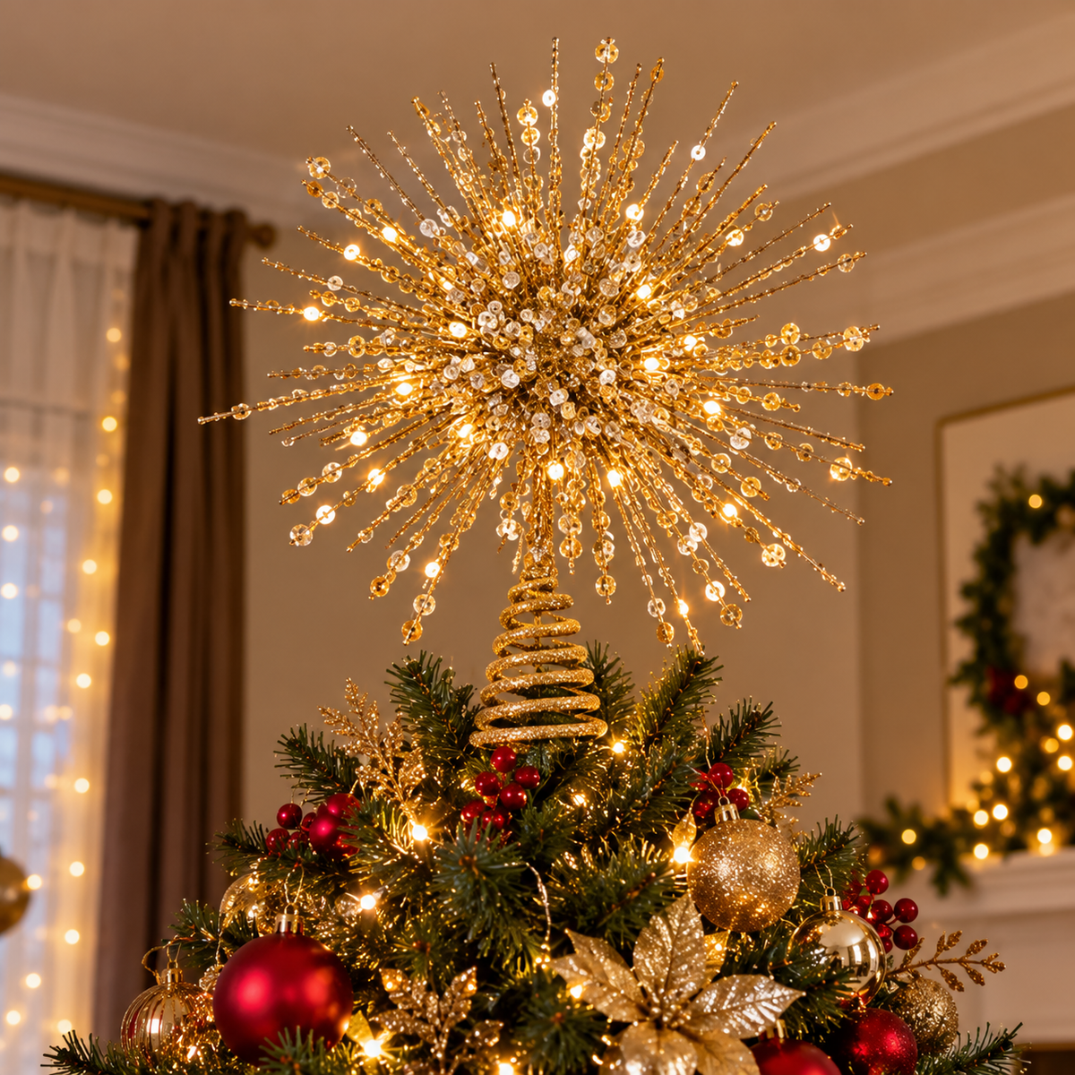 Gold LED Christmas star tree topper with built-in lights for festive tree decorations available in Nairobi, Kenya