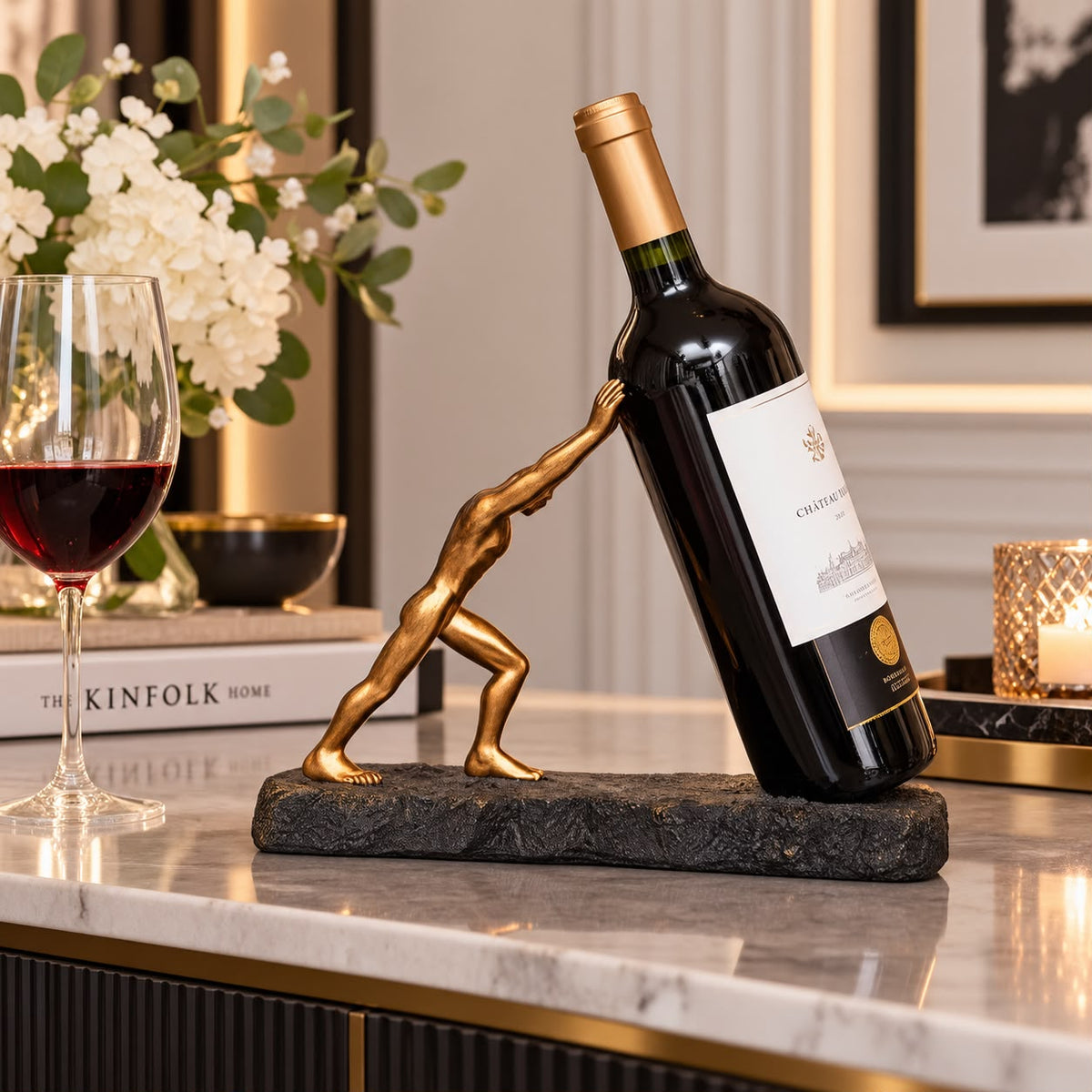 Gold Sculptural Wine Bottle Holder with Artistic Decorative Design - available in Nairobi, Kenya