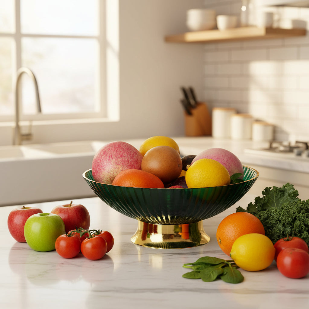 Green & Gold Fruit Bowl with Drain Base