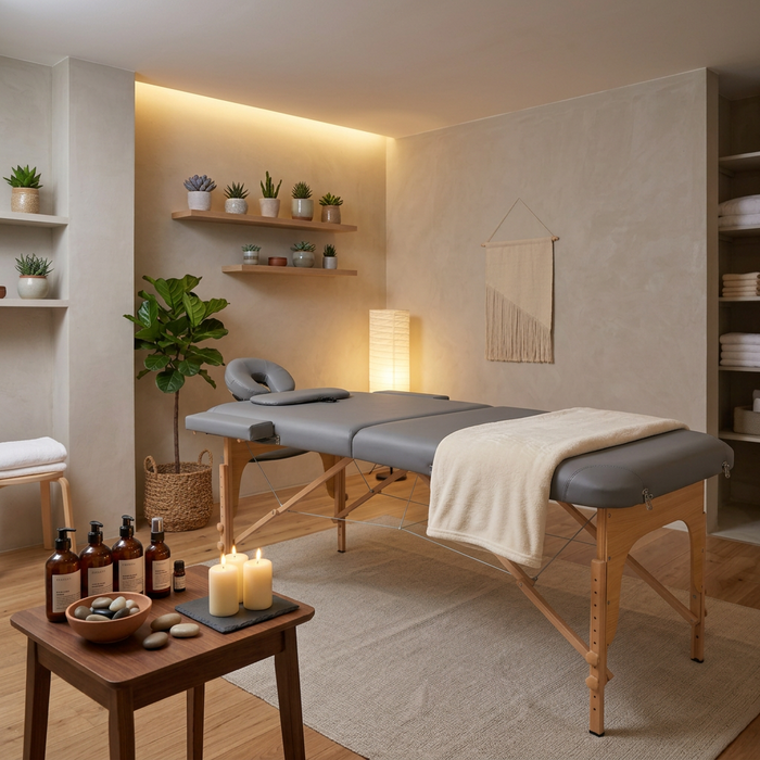 Grey three-section adjustable massage table with face cradle and arm sling shelf, available in Nairobi, Kenya