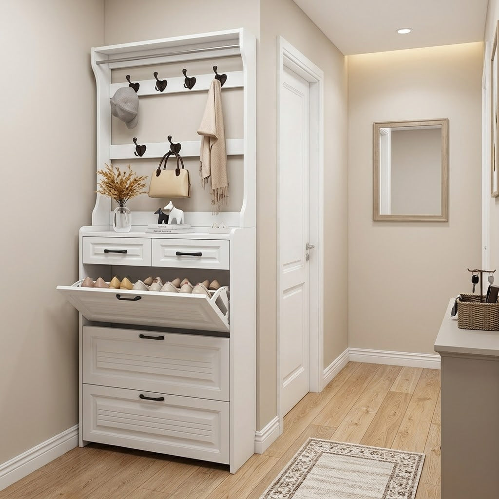 Multi-Function Hallway Shoe Cabinet with Coat Rack 100 × 24 × 220 cm with Flip-Down Shoe Storage and Hanging Hooks