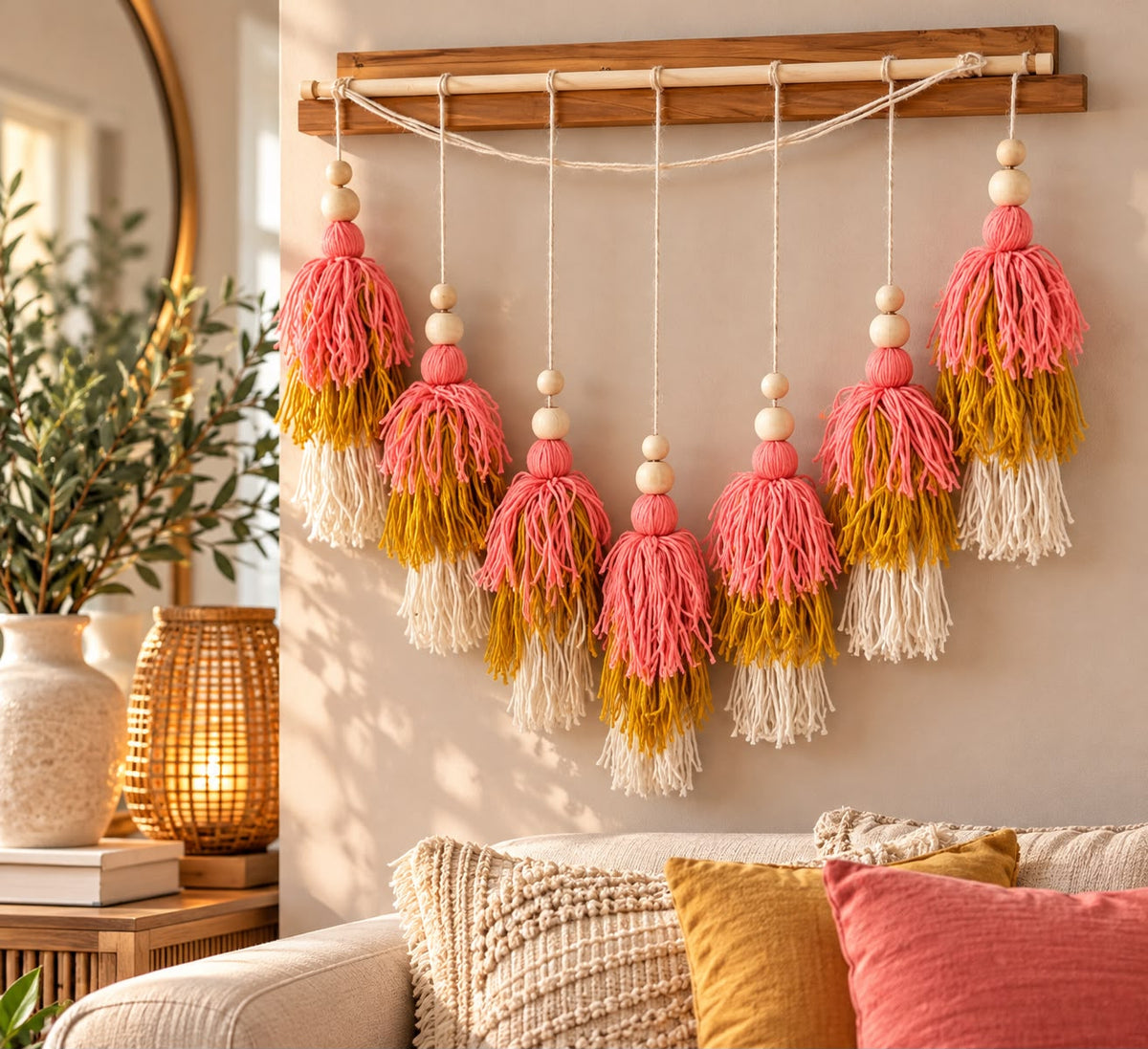 Handmade Boho Tassel Wall Hanging with Wooden Bead Accents, Coral Pink, Mustard Yellow and Cream - available in Nairobi, Kenya