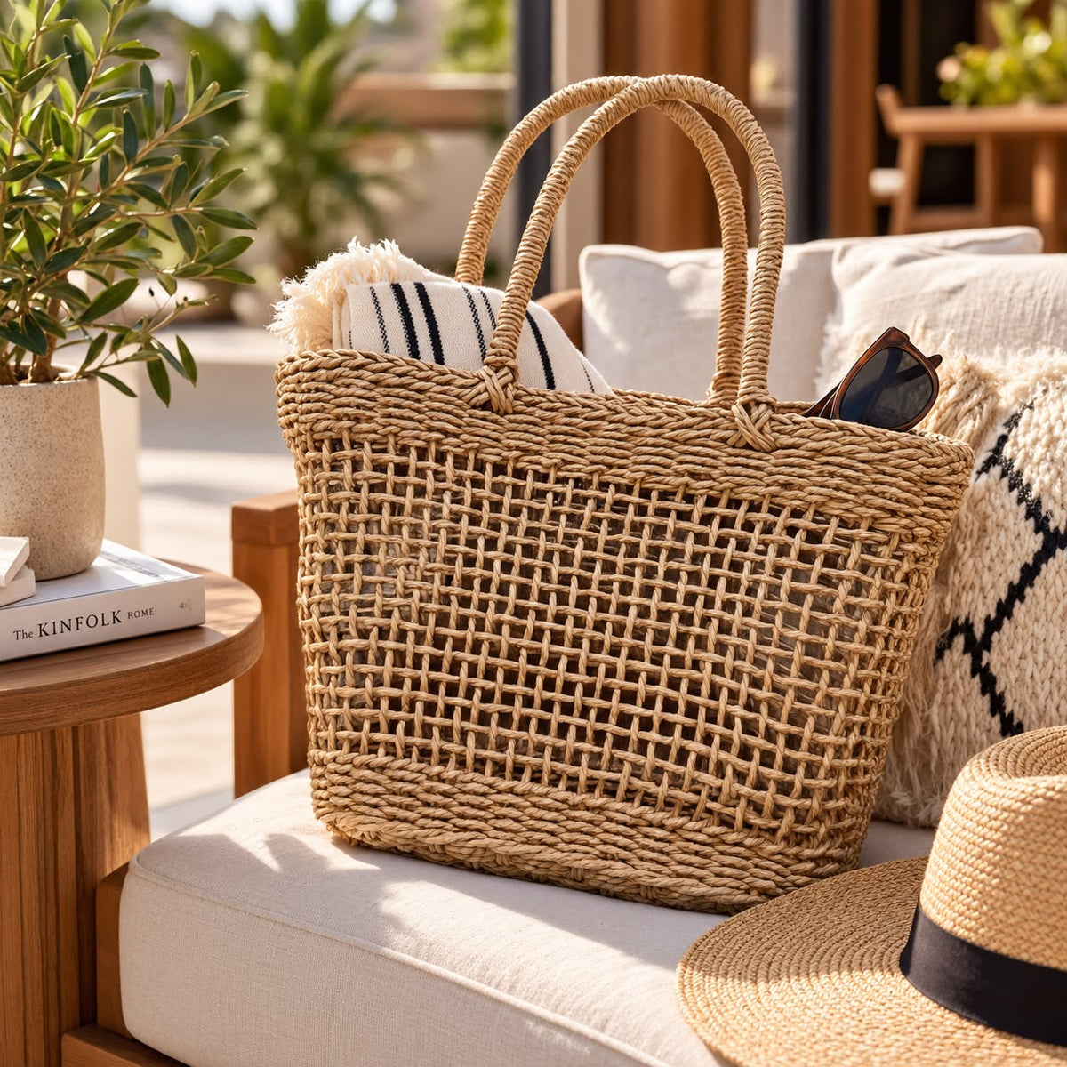 Handwoven straw tote bag with open-weave design, 22 × 10 × 35 cm, available in Nairobi, Kenya