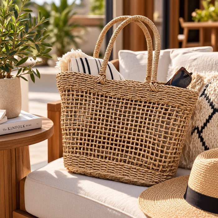 Handwoven straw tote bag with open-weave design, 22 × 10 × 35 cm, available in Nairobi, Kenya