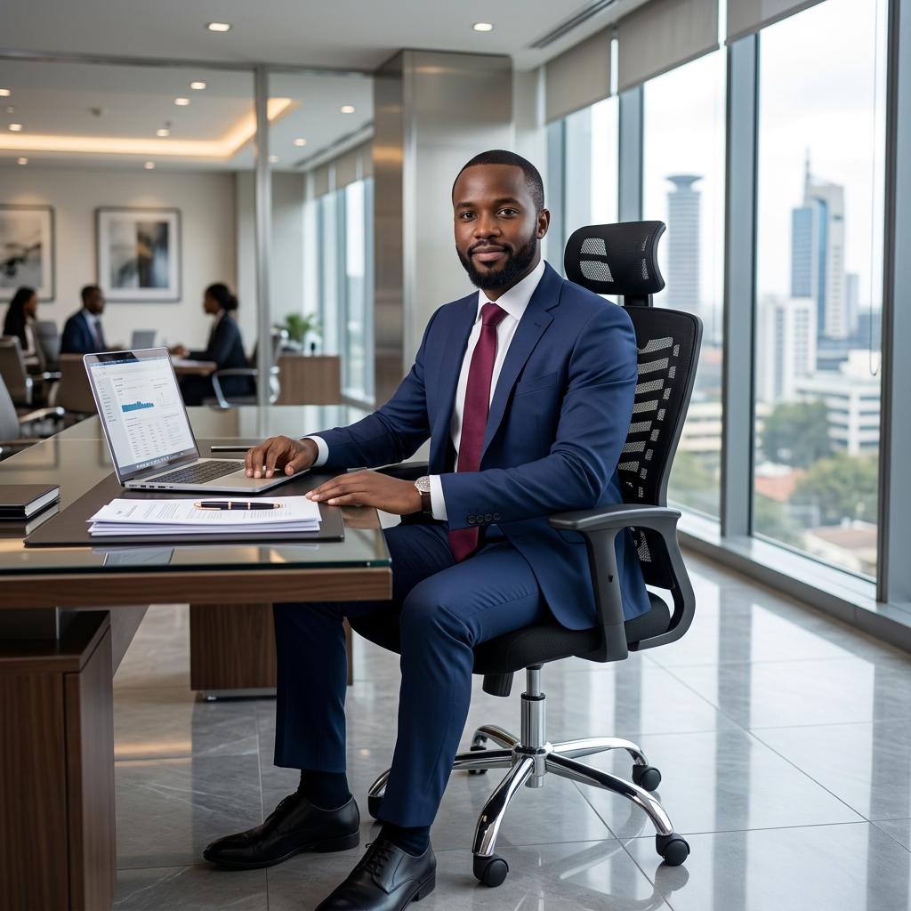 High-back ergonomic mesh office chair with adjustable headrest, cushioned fabric seat, chrome star base and castor wheels, available in Nairobi, Kenya