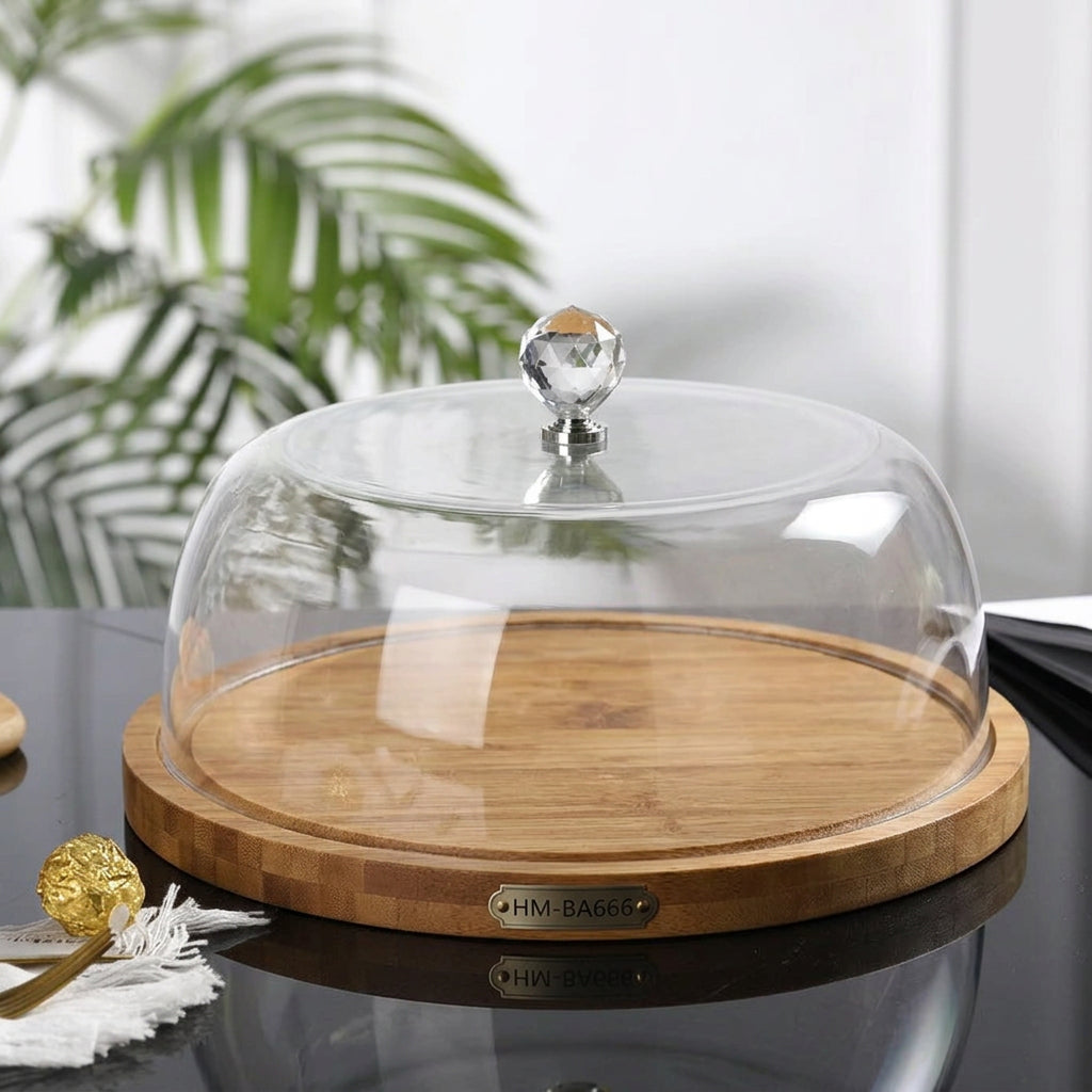 30cm Bamboo Base Cake Server with Glass Dome HM-BA667