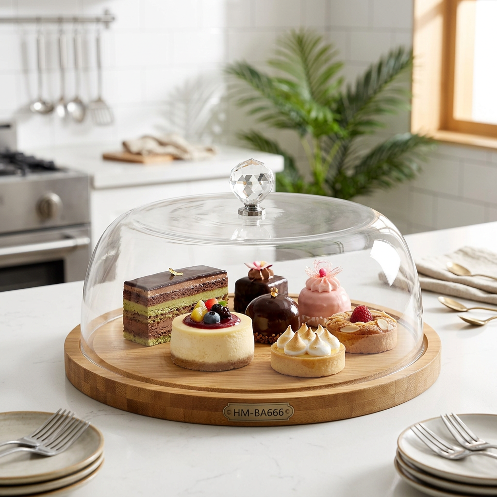 26cm Bamboo Base Cake Server with Flat Glass Cover HM-BA668