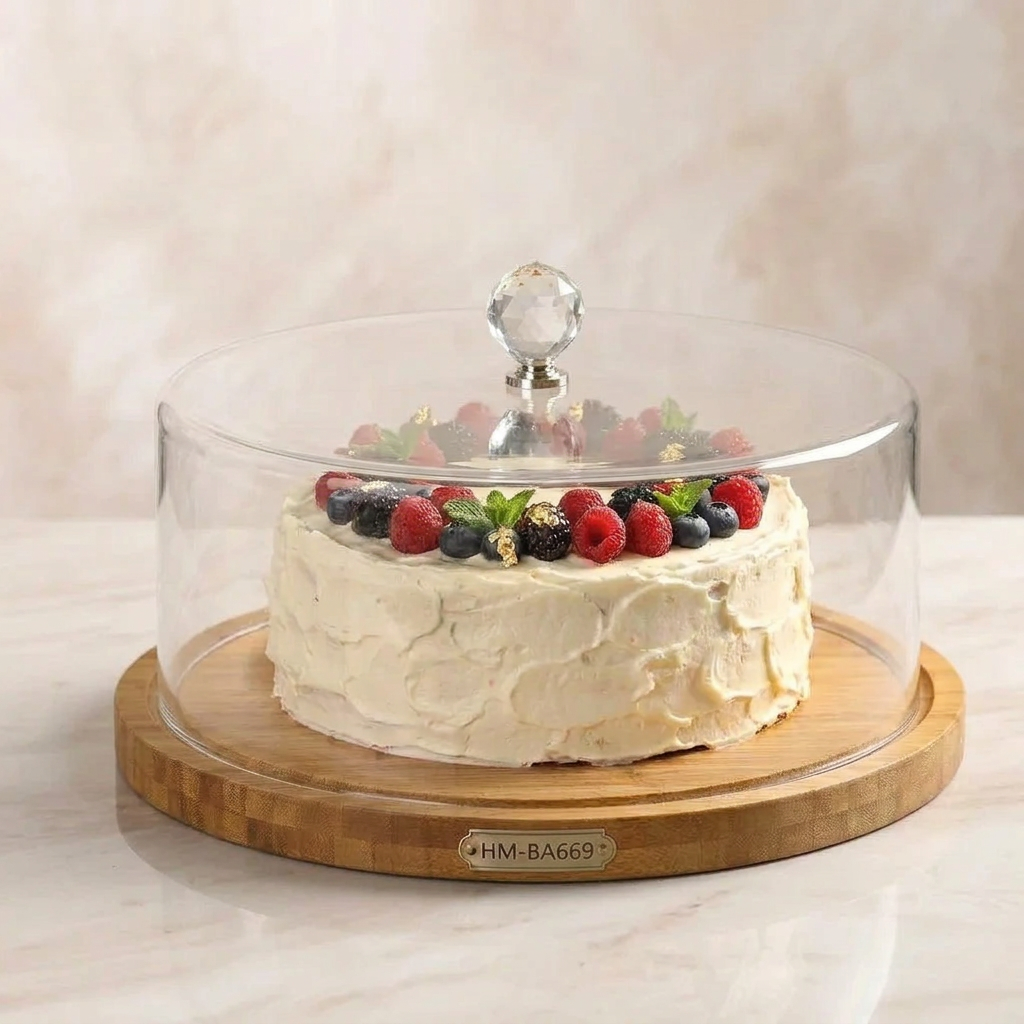 30cm Bamboo Base Cake Server with Glass Dome HM-BA667