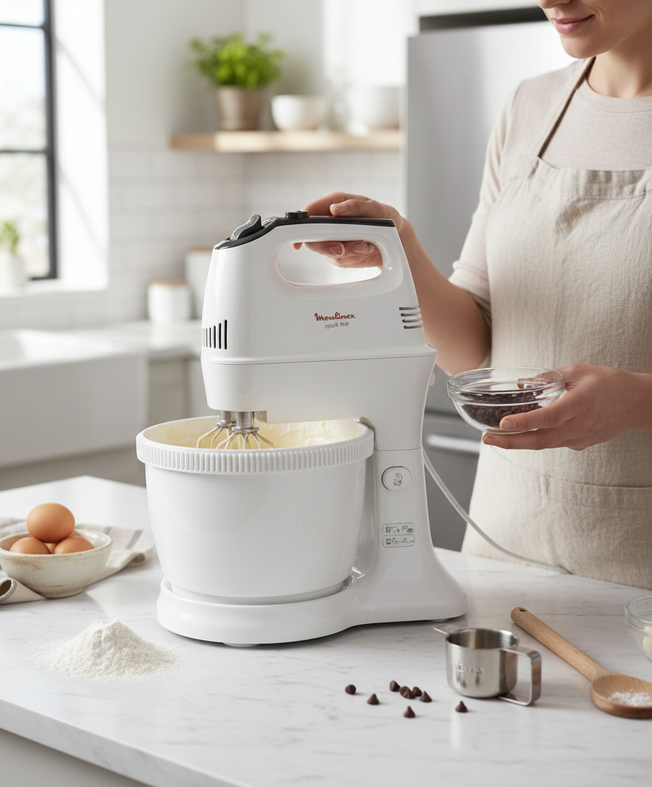 Moulinex HM311127 hand mixer with 3.5L plastic bowl and stainless steel attachment