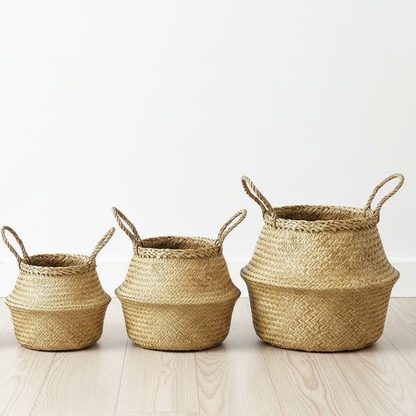 Faux bamboo basket available in small, medium, and large sizes for storage and decorative plant use