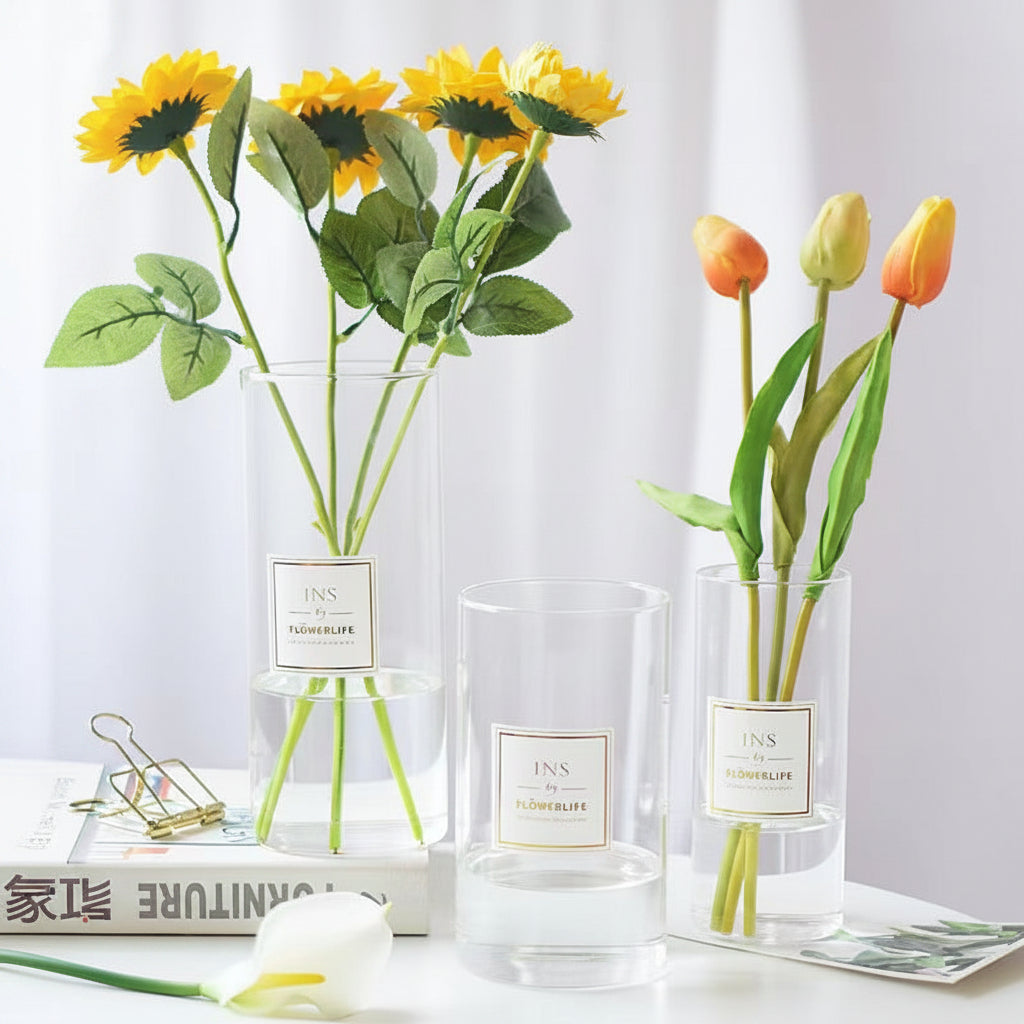 Straight transparent glass vase