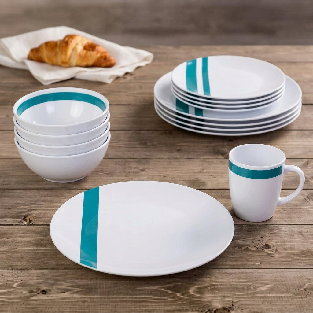 24 Piece White Dinner Set with Teal Green Striped Pattern