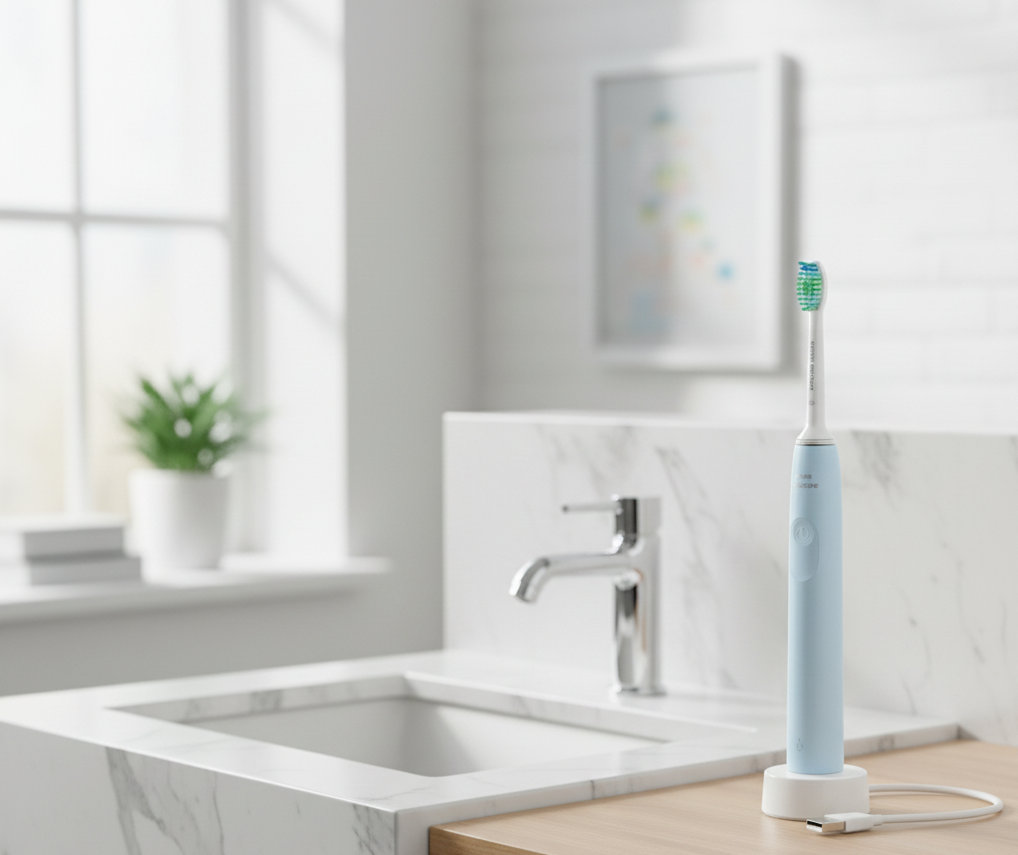 Gemelli Collections 2100 Series sonic electric toothbrush with QuadPacer SmartTimer ergonomic handle and up to 14 days battery life for enhanced plaque removal and everyday oral hygiene.