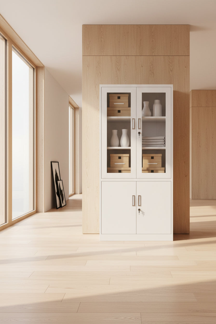 Steel combination cabinet with glass display doors and lockable solid storage doors - Gemelli Collection