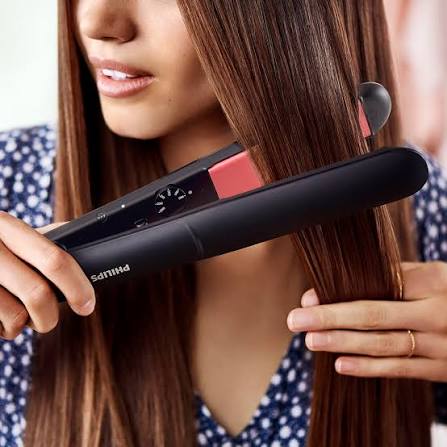 Gemelli Collections Philips StraightCare Essential ThermoProtect hair straightener with keratin infused plates 6 temperature settings 100mm long plates auto shut off feature and 30 second heat up time for smooth and efficient hair styling.