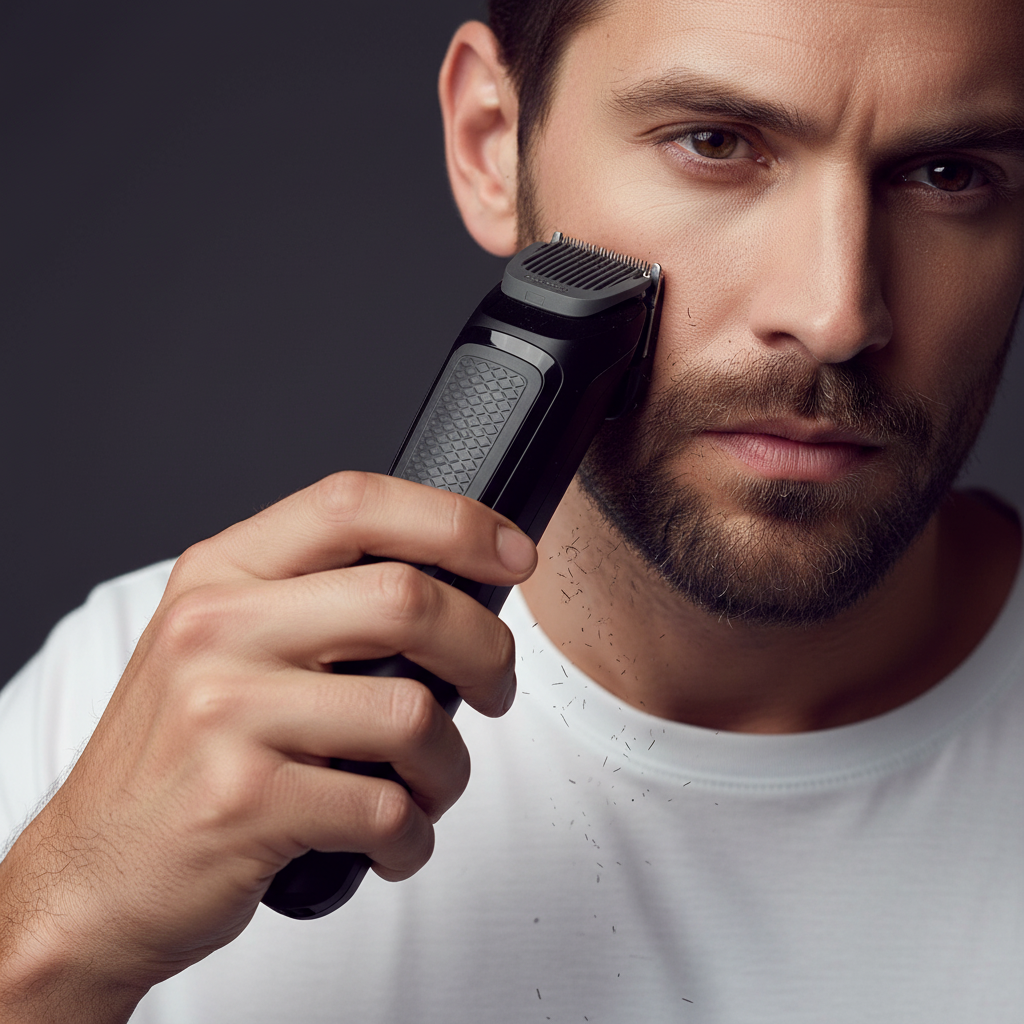 Gemelli Collections multi purpose grooming set with 6 grooming tools self sharpening blades trimmer nose and ear trimmer beard combs stubble combs rechargeable cordless operation rinseable attachments and maintenance free design for complete facial grooming.