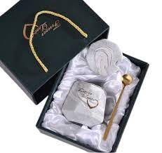 Diamond Shape Ceramic Cup Set Gift Box – Cup with Spoon and Lid