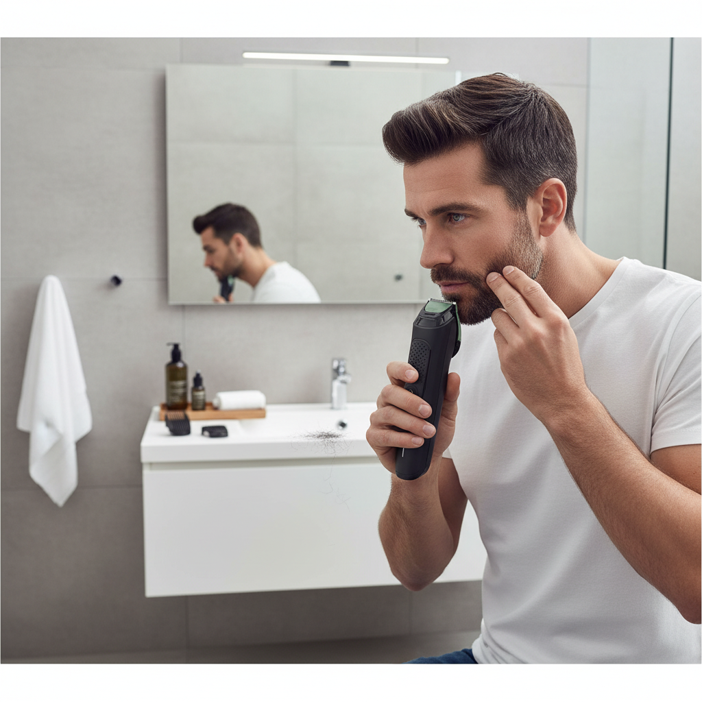 Gemelli Collections Philips 3000 Series all in one trimmer 7 in 1 grooming kit with self sharpening rounded tip blades adjustable 3mm to 7mm comb settings and charging LED indicator for precise facial hair grooming and styling.
