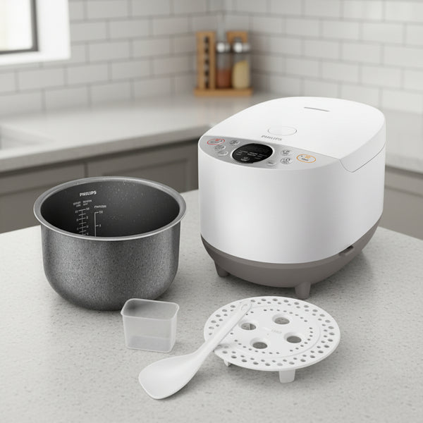 .8L digital rice cooker with Smart 3D heating, 10 cooking menus, and Bakuhanseki coated inner pot for perfectly cooked rice HD4515/55.