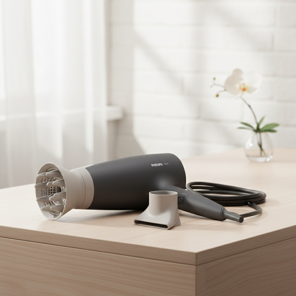Gemelli Collections Philips 3000 Series hair dryer with ThermoProtect attachment 2100W motor advanced ionic care 6 heat and speed settings cool air function and slim styling nozzle for fast drying and frizz free hair styling.