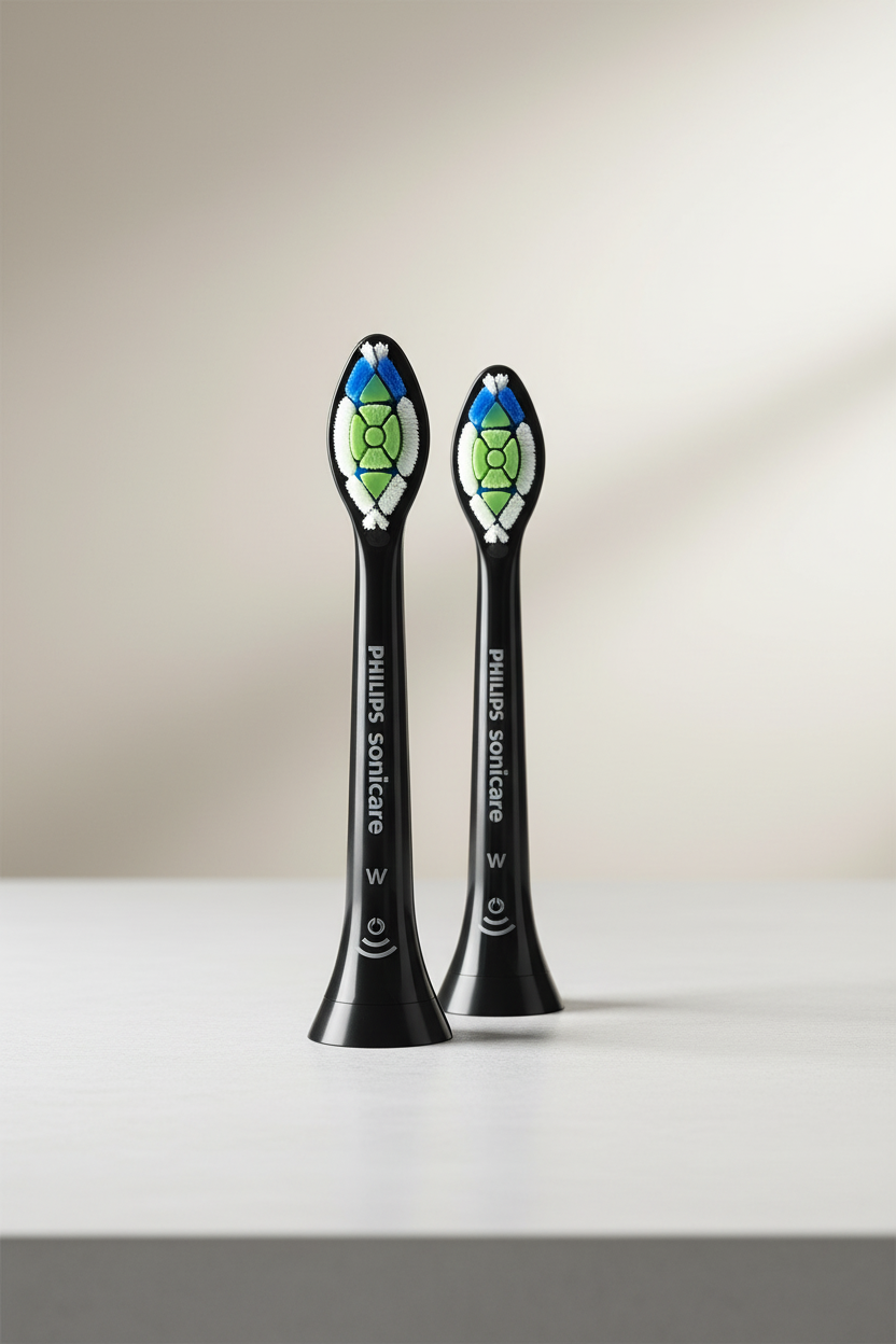 Gemelli Collections Sonicare Optimal White brush heads 2 pack black with medium soft bristles designed for effective plaque removal and daily oral care for a cleaner brighter smile.
