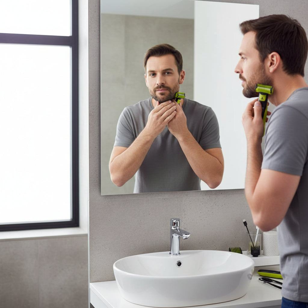 Gemelli Collections Philips OneBlade Face and Body trimmer and shaver with 5 in 1 adjustable comb 1mm 3mm and 5mm stubble combs body comb skin guard and dual sided blade for trimming edging and shaving facial and body hair with wet and dry use.