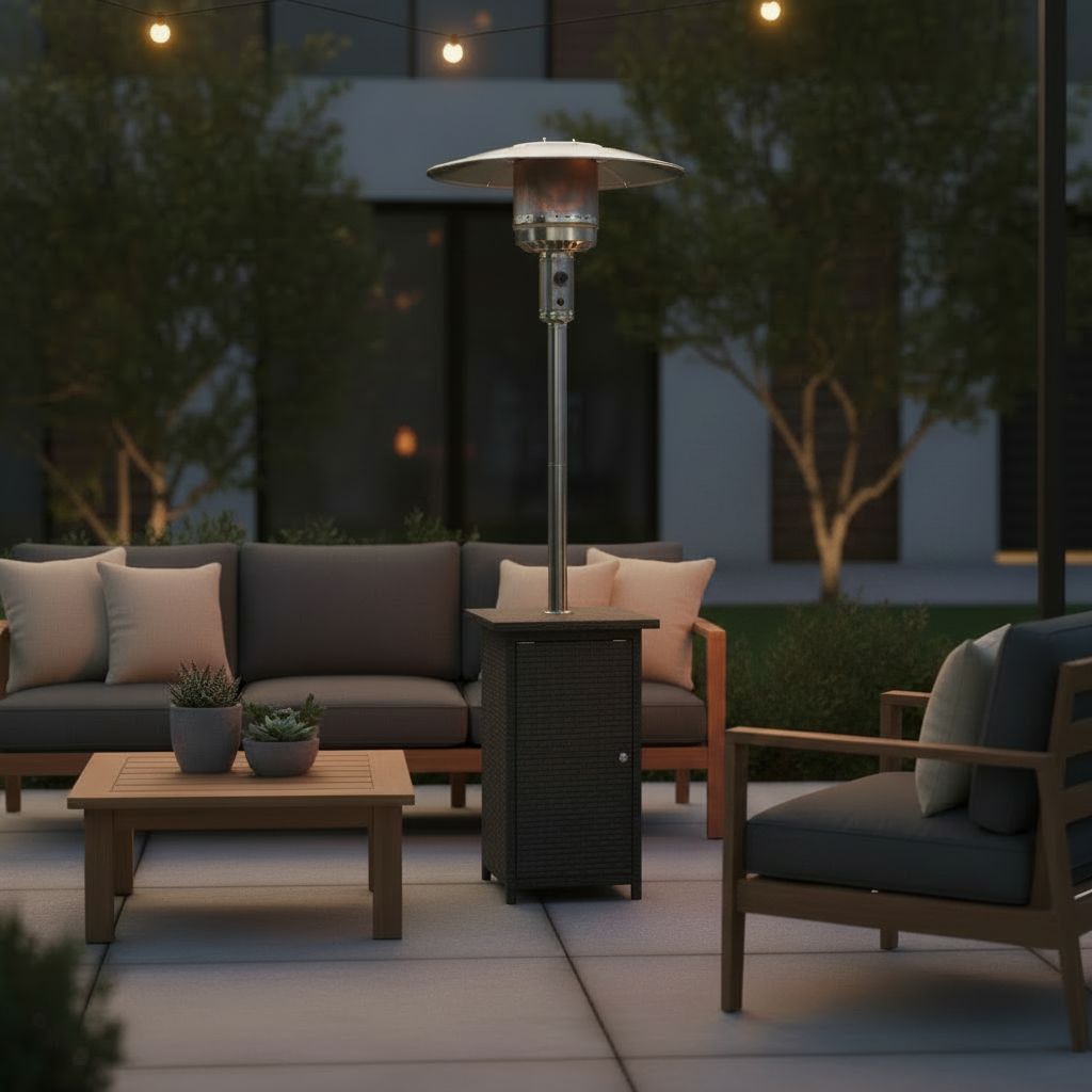 Square rattan wicker LPG patio heater with control panel and grey protective cover ZAIRHTR11