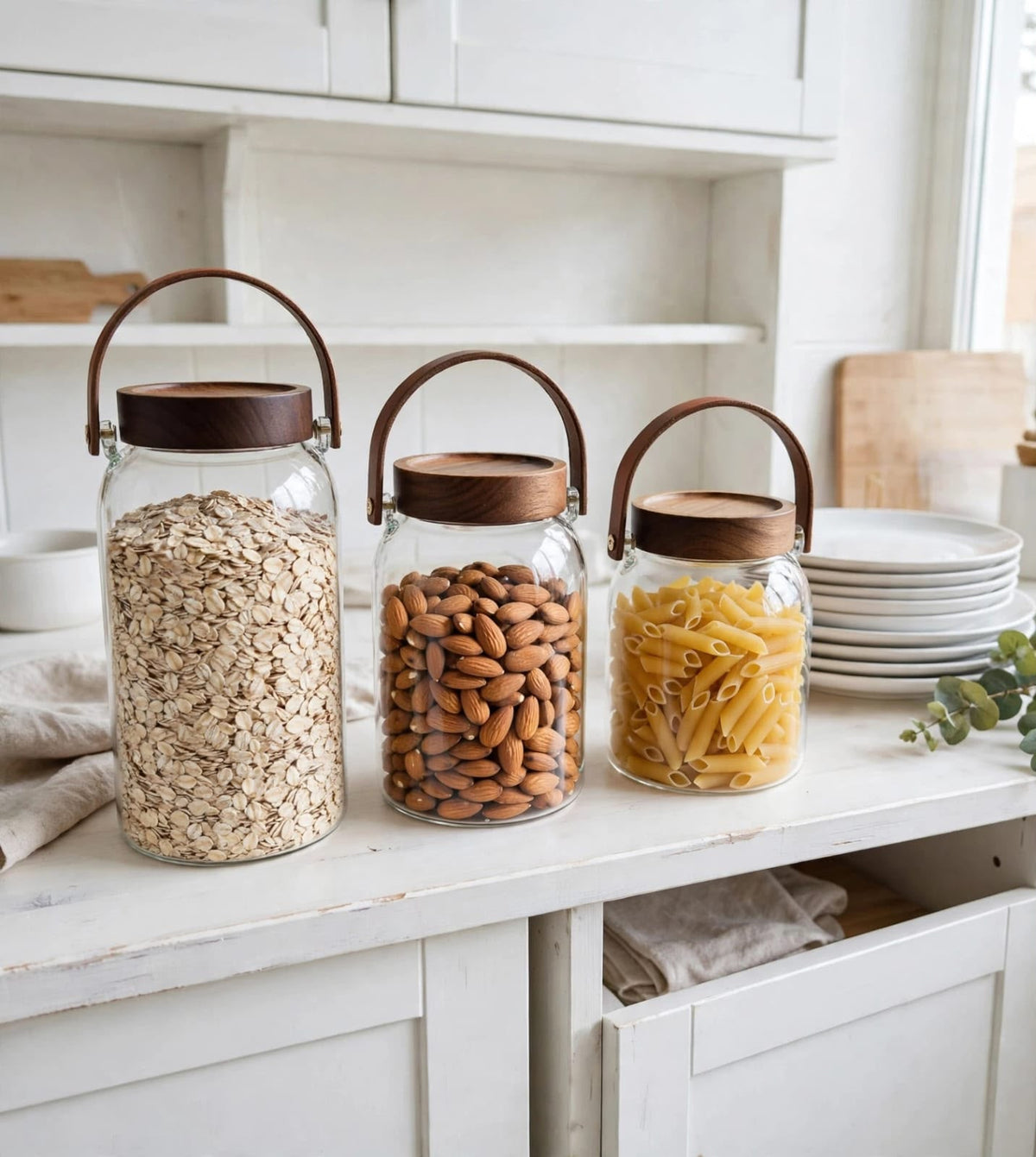 Gemelli Collections borosilicate glass storage jars with natural Acacia wood lids, airtight silicone seals and carry handles, available in 1.5L, 2L and 2.5L.