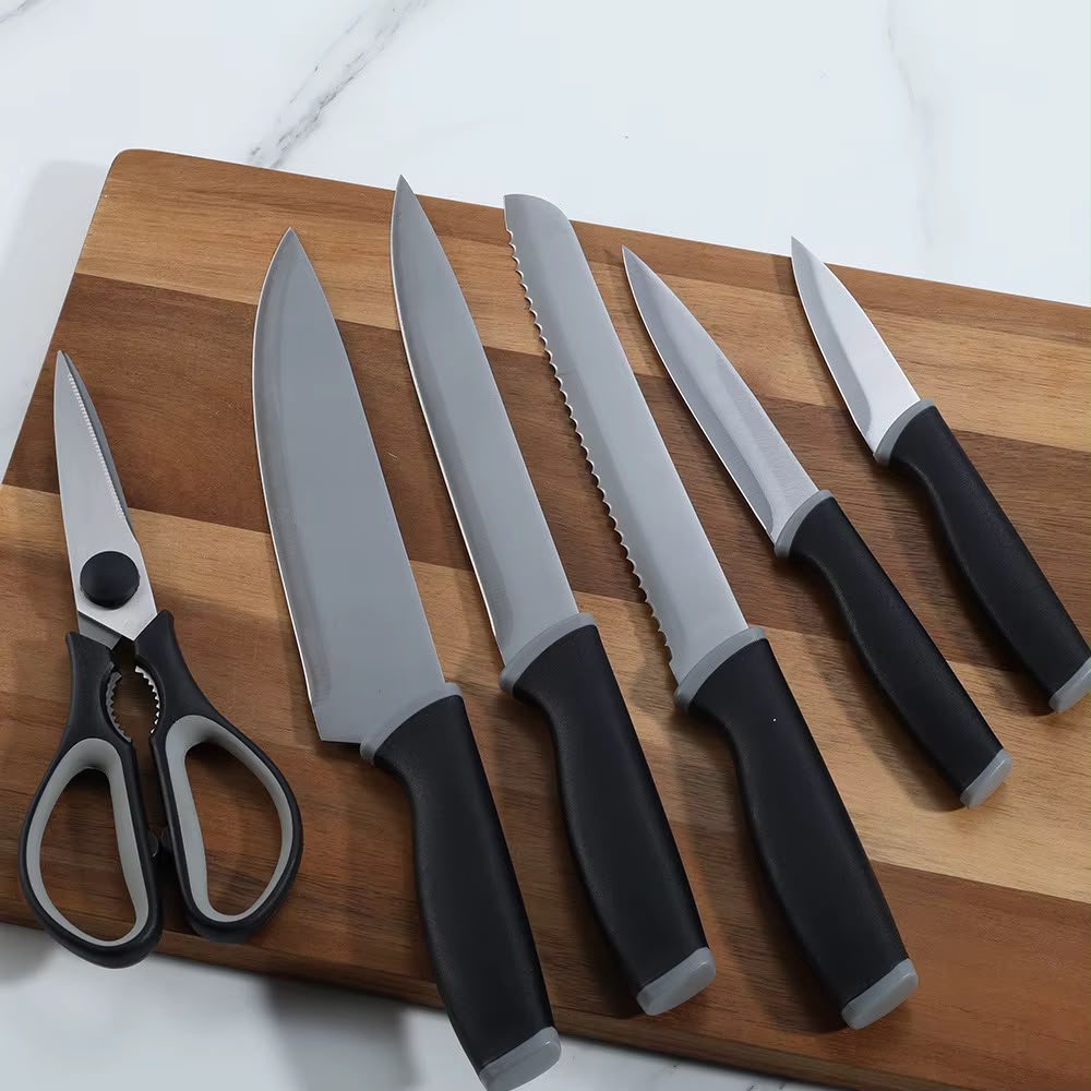 7-Piece Kitchen Knife Set with Scissors and Stand – Black & White