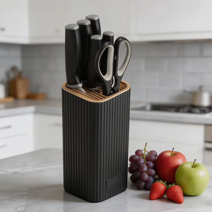 Gemelli Collections 7-piece kitchen knife set with scissors and stand, available in black and white for everyday food preparation.